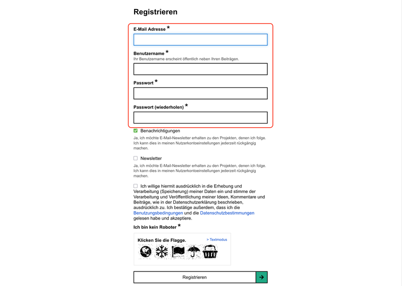 Screenshot des Registrierungsformulars mit einer Markierung der Eingabelder für E-Mail, Benutzername und Passwort