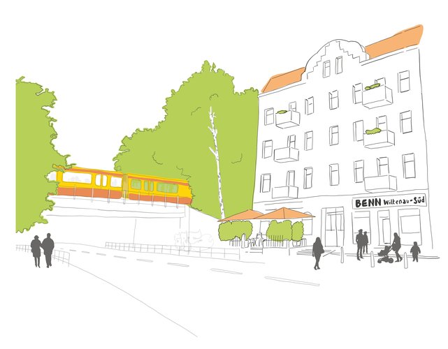 Zeichnung des Hauses mit dem BENN Büro und Umgebung