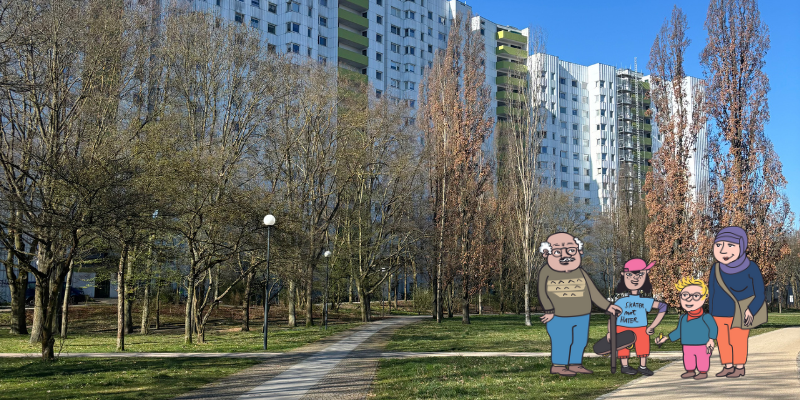 Grünfläche mit Bäumen von Hochhäusern mit eingezeichneten Comic-Figuren