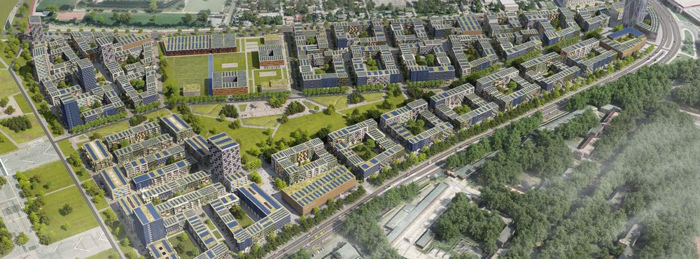 Darstellung des zukünftigen Schumacher Quartiers aus der Vogelperspektive