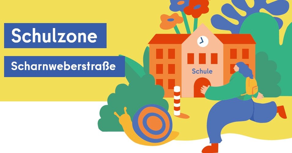 Illustration mit Schule, Kind und Titel des Projekts