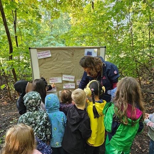 Kinder vor einer Stellwand im Wald im Vogelwäldchen