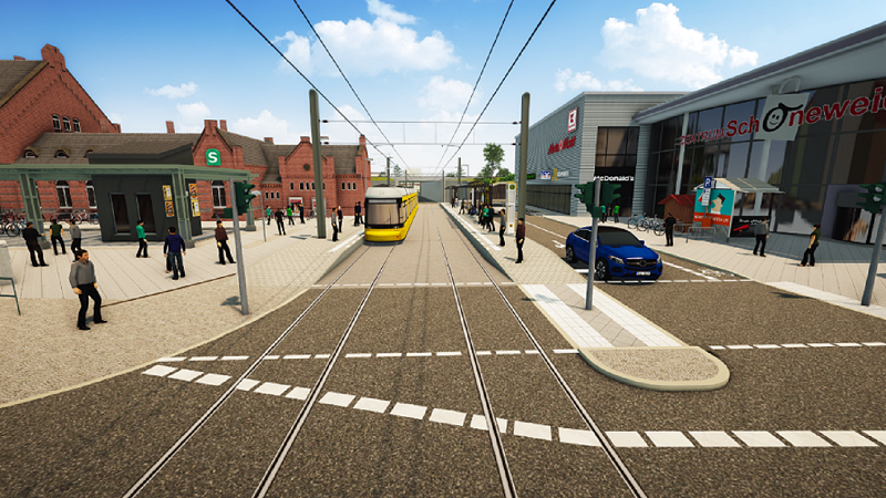 Eine Visualisierung der Straßenbahn vor dem Bahnhof Schöneweide