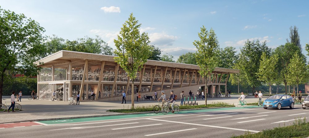Visualisierung des Fahrradparkhauses auf dem Bahnhofsvorplatz