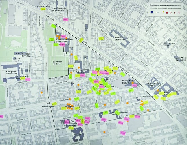 Karte zu wichtigen Orten für die Stadtteilentwicklung im Flughafenkiez
