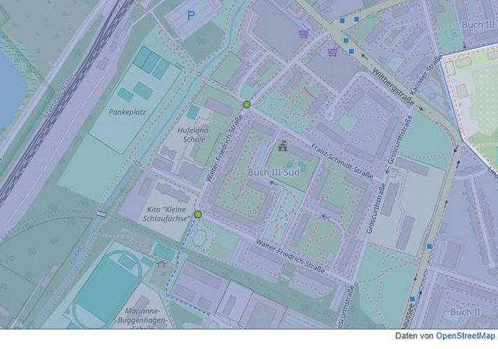 Verortung der beiden Maßnahmen auf einer Übersichtskarte durch grüne Punkte
