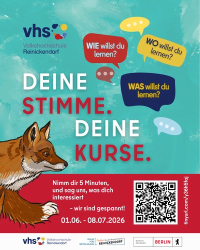 Buntes Plakat mit einen Fuchs und den Fragen "Wie, Wo, Was willst du lernen?"