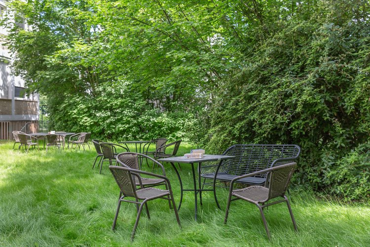 Foto des Gartens der Bibliothek im Sommer