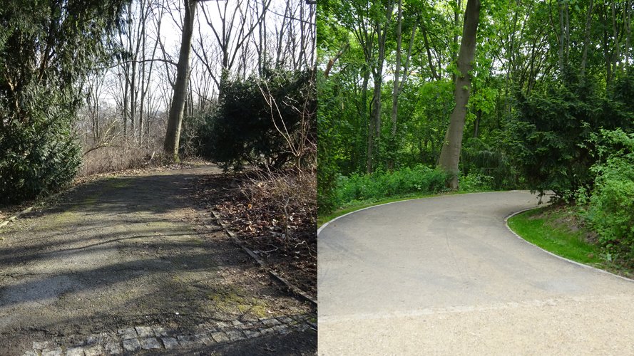 vorher und nachher Bild eines Weges im Fritz-Schloß-Park