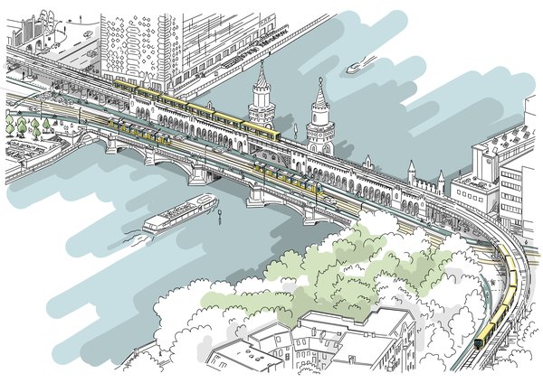 Die Oberbaumbrücke, die über die Spree verläuft mit einer Straßenbahn