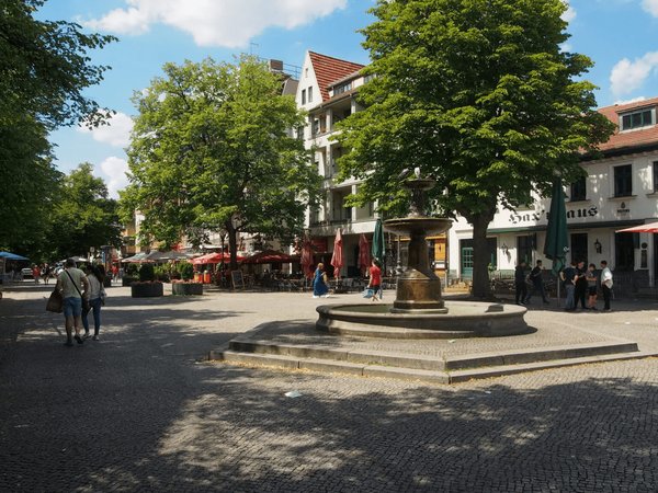Foto vom Schinkelbrunnen mit Häuserfassade im Hintergrund