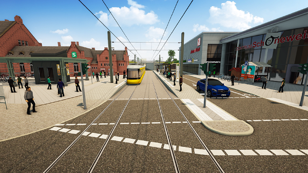Eine Visualisierung der Straßenbahn vor dem Bahnhof Schöneweide