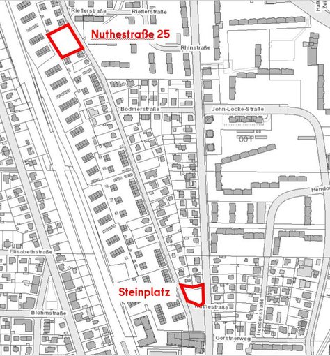 Stadtplan mit Hervorhebung der beplanten Grundstücke.