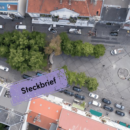 Karl-Marx-Platz von oben mit Baumkronen und Autodächern.