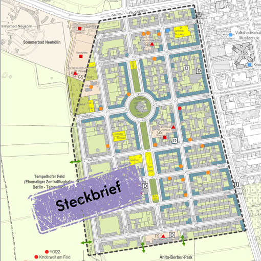 Straßenkarte des Schillerkiezes mit dem Wort "Steckbrief" aufgestempelt