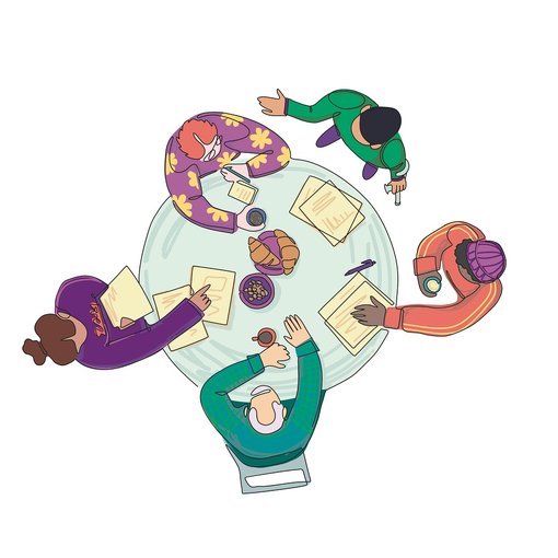 Illustration: Blick von oben auf einen Tisch mit 5 Personen, die sich austausche