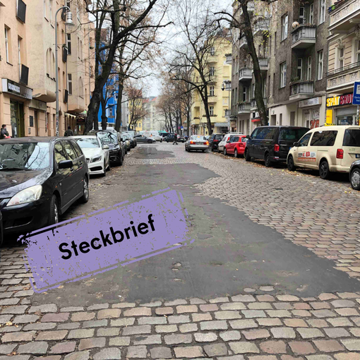Straße mit Kopfsteinpflaster und parkenden Autos