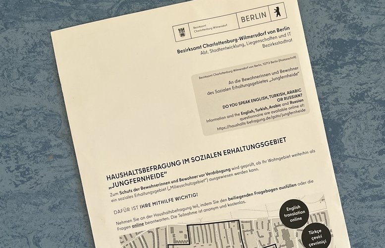 Mehr Informationen über Haushaltsbefragung in den Milieuschutzgebieten "Jungfernheide", "Mierendorff-Insel" und "Alt-Lietzow"