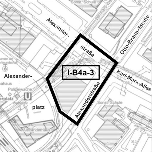 Umriss des Bebauungsplans I-B4a-3 zwischen Alexanderplatz und Alexanderstr.