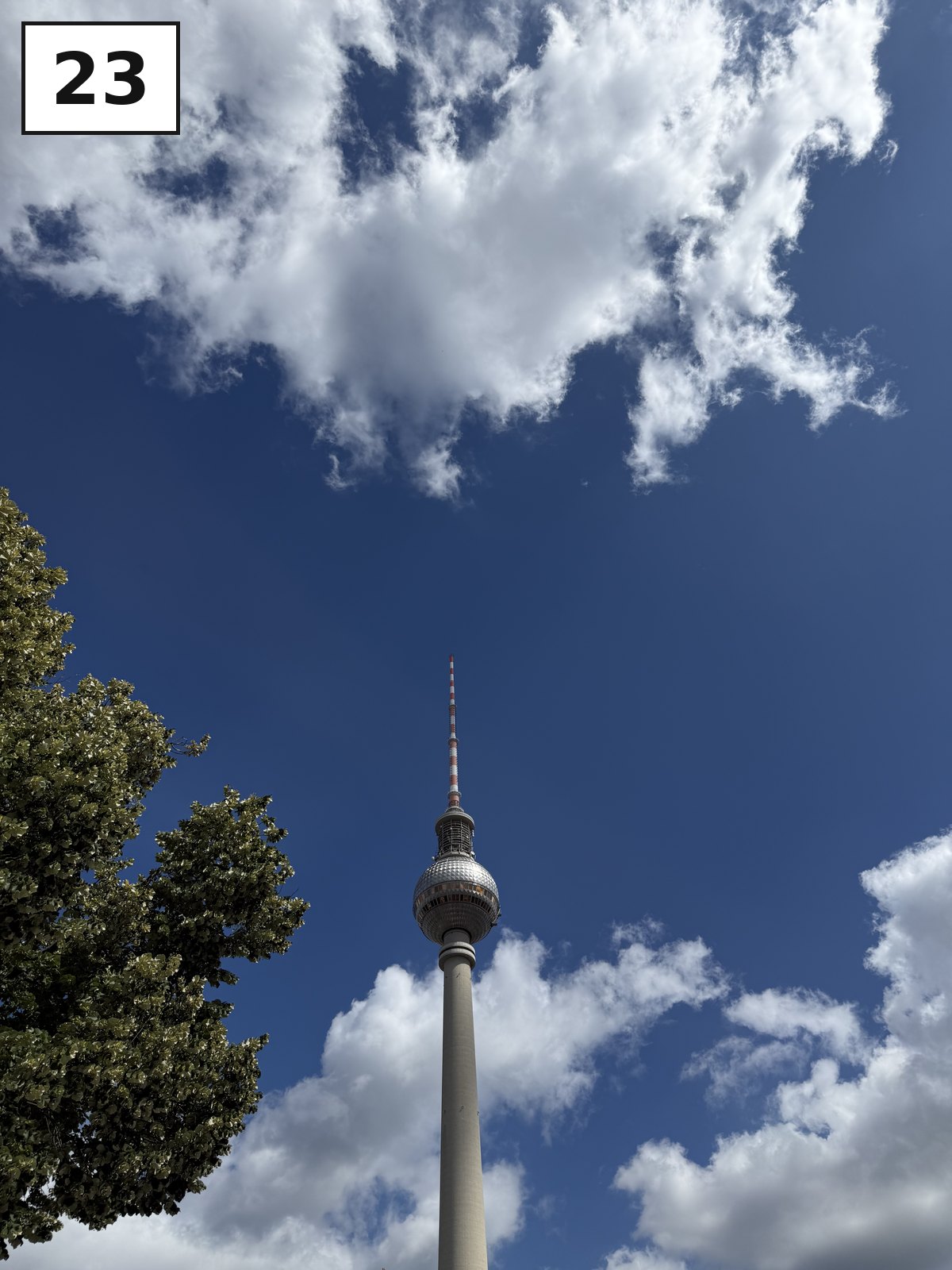 Blick nach oben zum Fernsehturm zwischen Wolken und Baumkronen