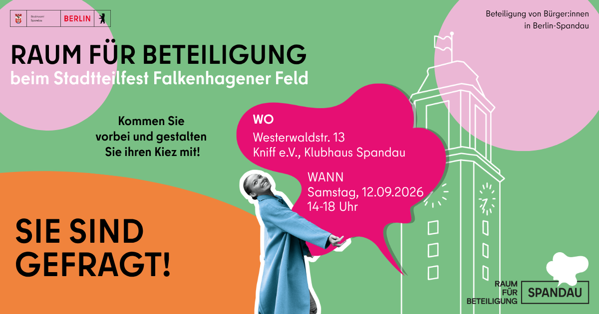 Flyer zum Infostand des Raums für Beteiligung beim Stadtteilfest Falkenhagener Feld