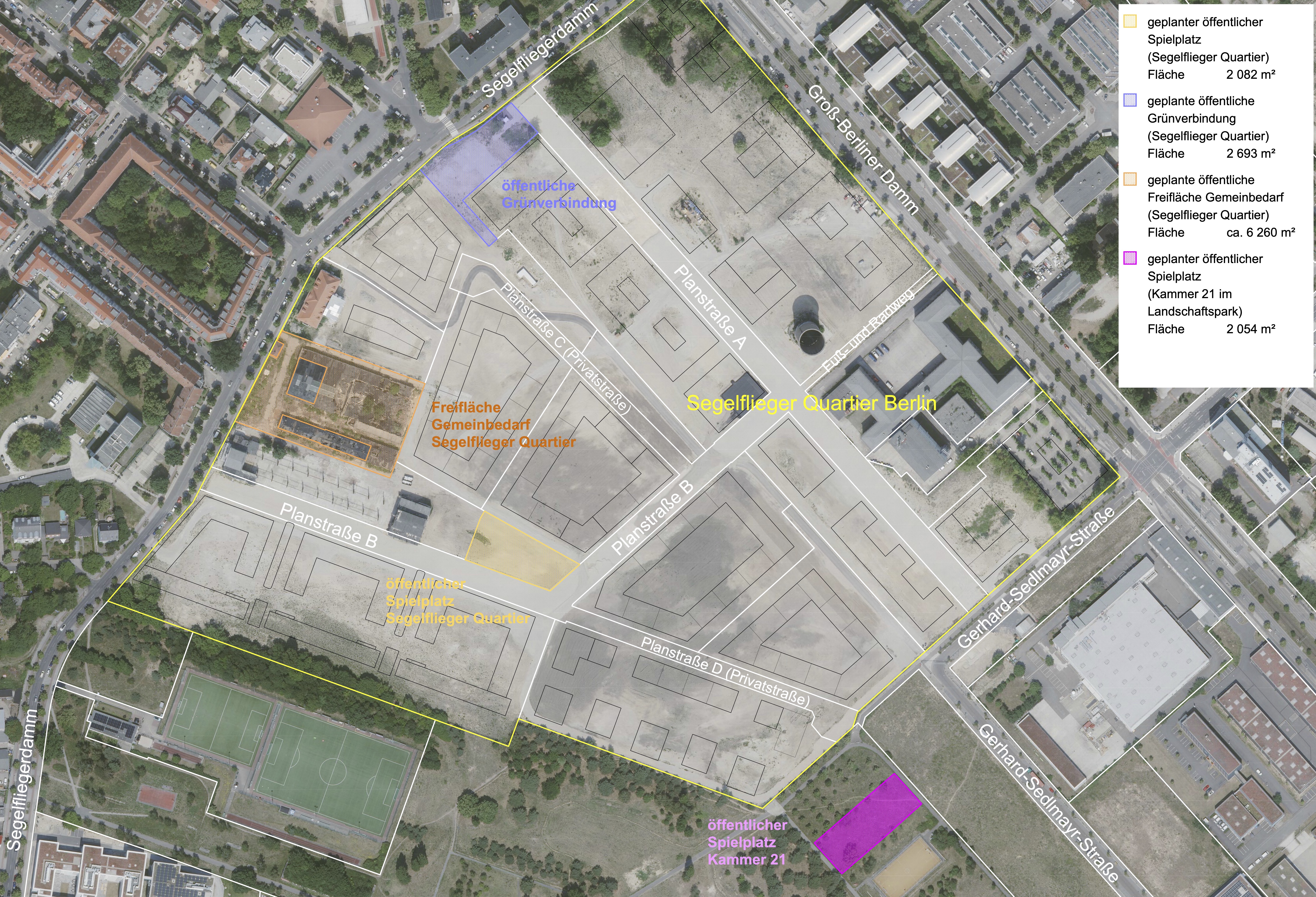 4 öffentliche Freianlagen im/am Segelflieger Quartier (Quelle: WISTA.Plan GmbH)