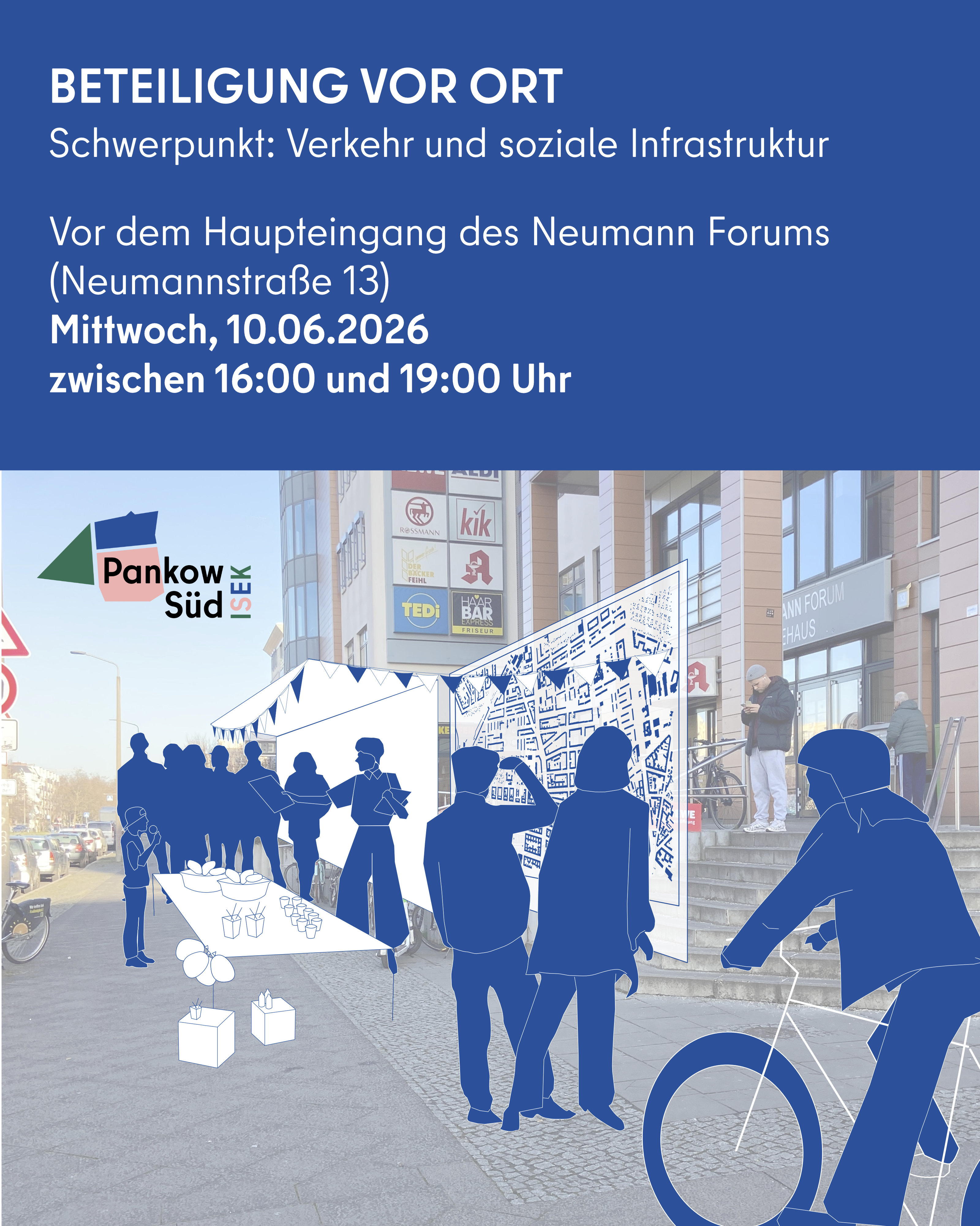 Plakat zur Beteiligung vor dem Haupteingang des Neumann Forums am 10. Juni 2026 von 16 bis 19 Uhr