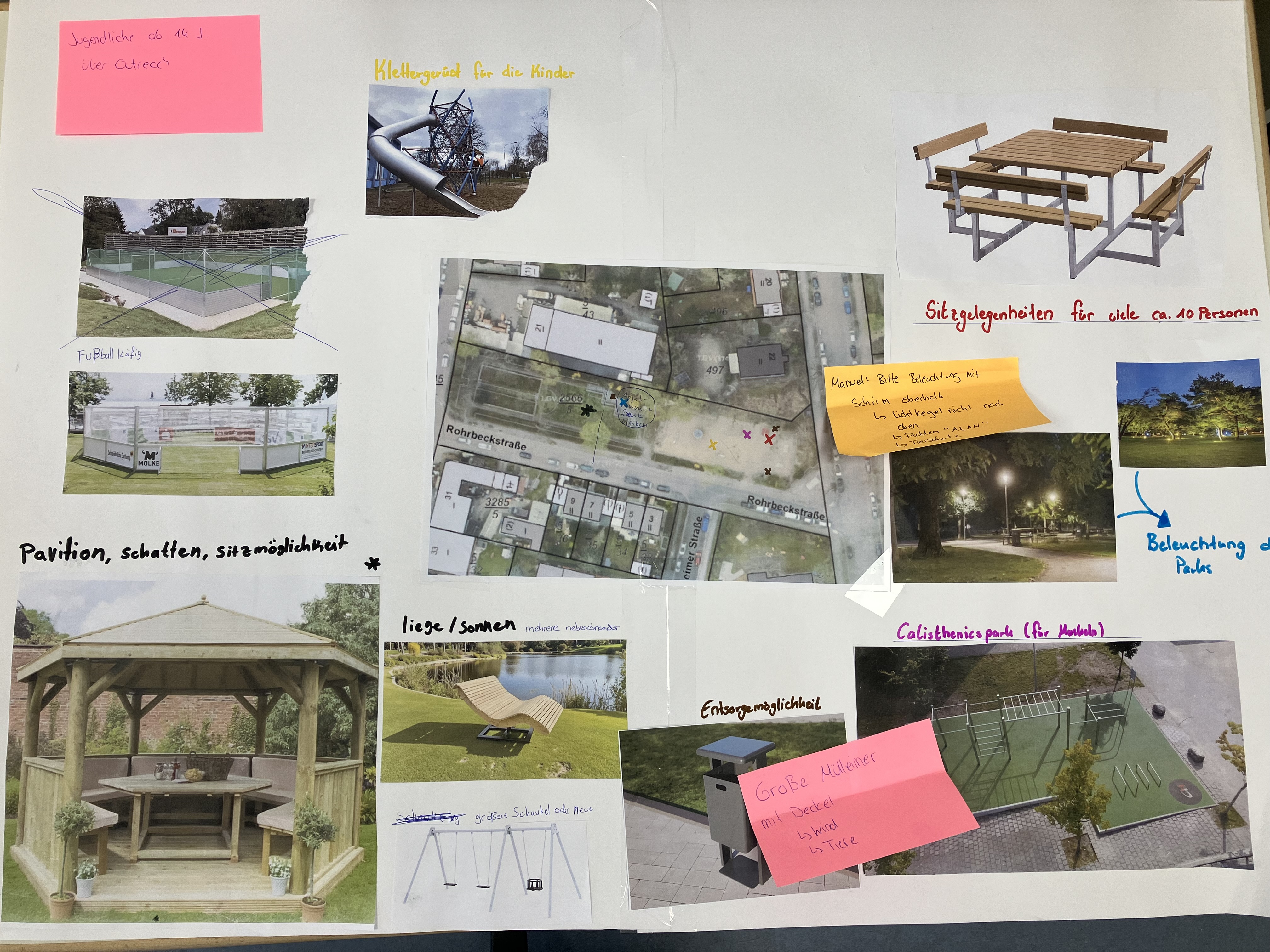 Collage mit Bildern von Sitzgelegenheiten, Rutschen und Beleuchtung